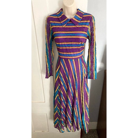 NEXIIA STYLEWE Lace Long-Sleeved Midi Dress Multicolored Stripes NEW - Picture 2 of 16